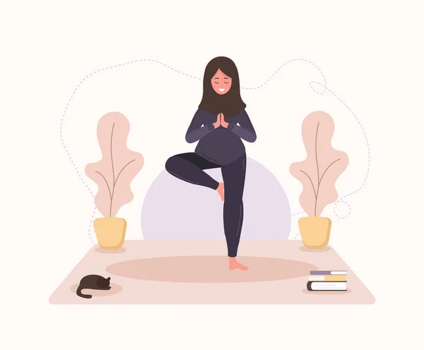 Pěkná arabka těhotná žena dělá jógu, mají zdravý životní styl a relaxaci. Cvičení pro dívky. Moderní vektorová ilustrace v plochém stylu. Happy těhotenství koncept izolované na bílém pozadí. — Stockový vektor