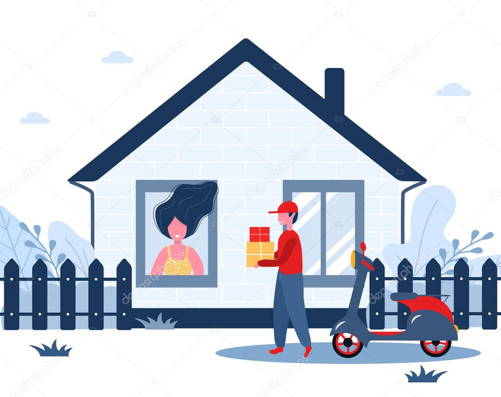 Online delivery service concept home and office. Courier brought package home. Contactless delivery. Shipping restaurant food and mail. Modern vector illustration in flat cartoon style.