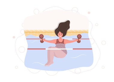 Bilardodaki bikinili hamile kadın. Aqua fitness ve aerobik. Sağlıklı bir yaşam tarzı. Genç anne ağırlıklarla suda egzersiz yapıyor. Düz bir şekilde vektör illüstrasyonu. Çizgi film karakteri.