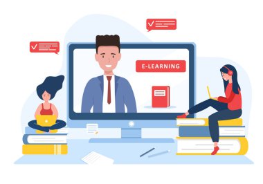 Online eğitim. Düz tasarım eğitim ve video dersleri konsepti. Öğrenciler evde öğreniyor. Web sitesi afişi, pazarlama materyali, sunum şablonu, çevrimiçi reklamcılık için vektör illüstrasyonu.
