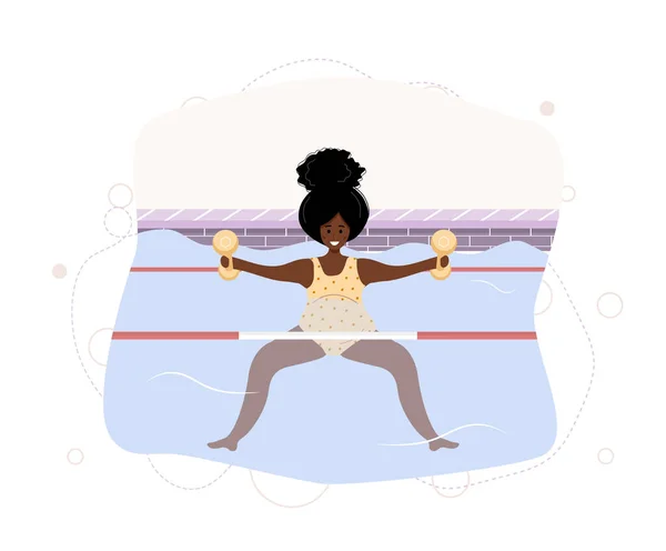 Mujer embarazada africana en bikini en la piscina. Aqua fitness y aeróbico. Estilo de vida saludable. Joven madre haciendo ejercicio en agua con pesas. Ilustración vectorial en estilo plano. Personaje de dibujos animados . — Vector de stock