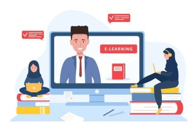 Online eğitim. Düz tasarım eğitim ve video dersleri konsepti. Öğrenciler evde öğreniyor. Web sitesi afişi, pazarlama materyali, sunum şablonu, çevrimiçi reklamcılık için vektör illüstrasyonu.