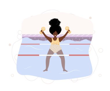 Bilardodaki bikinili Afrikalı hamile kadın. Aqua fitness ve aerobik. Sağlıklı bir yaşam tarzı. Genç anne ağırlıklarla suda egzersiz yapıyor. Düz bir şekilde vektör illüstrasyonu. Çizgi film karakteri.