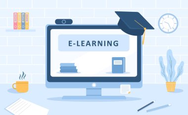 Online eğitim. Düz tasarım eğitim ve video dersleri konsepti. Web sitesi afişi, pazarlama materyali, sunum şablonu, çevrimiçi reklamcılık için vektör illüstrasyonu.