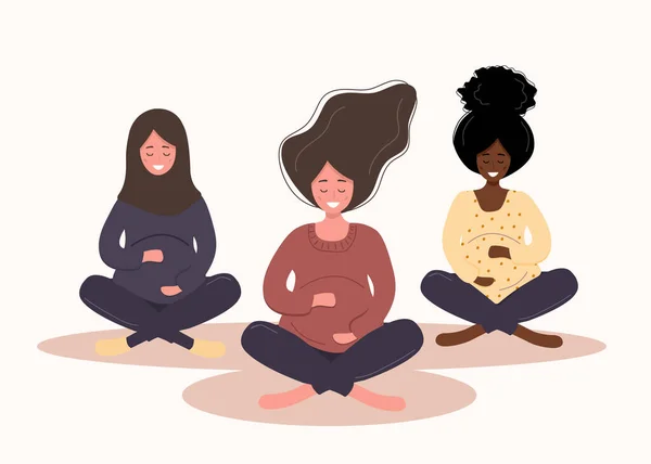 Těhotné ženy v lotosové pozici. Moderní vektorové ilustrace v plochém stylu izolované na měkkém pozadí. Sbírat zdravý životní styl a relaxaci. Happy pregnancy concept. — Stockový vektor