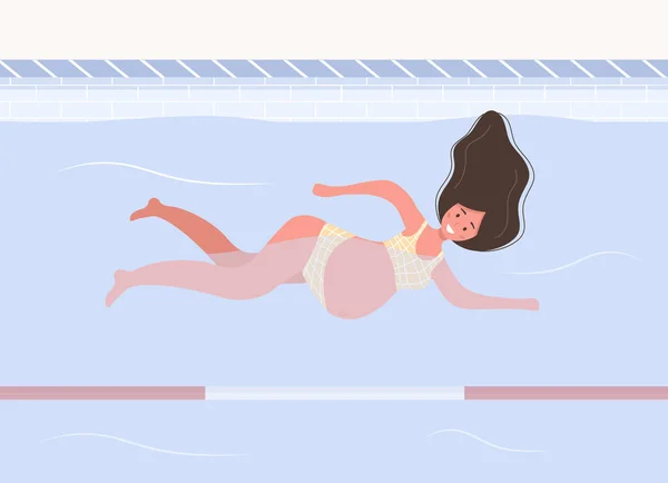 Zwangere vrouw in bikini in zwembad. Aqua fitness en aerobic. Een gezonde levensstijl. Jonge moeder die in het water zwemt. Vector illustratie in platte stijl. Tekenfilmfiguur. — Stockvector