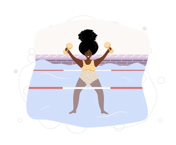 Africká těhotná žena v bikinách v bazénu. Aqua fitness a aerobic. Zdravý životní styl. Mladá matka cvičí ve vodě s činkami. Vektorová ilustrace v plochém stylu. Charakter kresleného filmu. — Stockový vektor