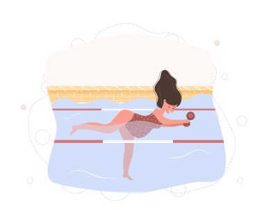 Bilardodaki bikinili hamile kadın. Aqua fitness ve aerobik. Sağlıklı bir yaşam tarzı. Genç anne ağırlıklarla suda egzersiz yapıyor. Düz bir şekilde vektör illüstrasyonu. Çizgi film karakteri.
