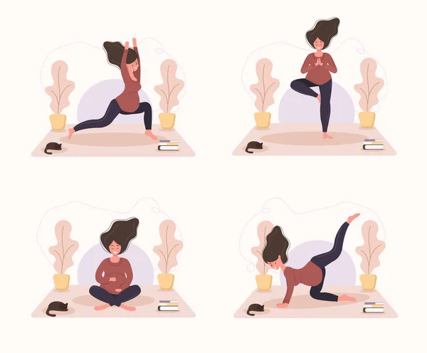 Raccolta di donne abbastanza incinte che fanno yoga, avendo stile di vita sano e relax. Pacchetto di esercizi per ragazze. Illustrazione vettoriale moderna in stile piatto. Felice gravidanza concetto di sfondo . — Vettoriale Stock