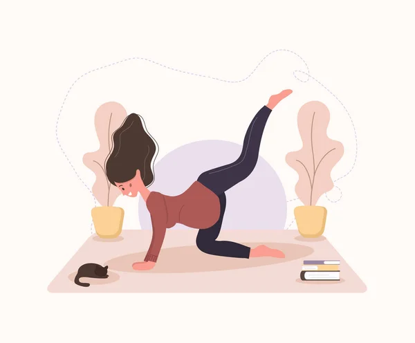 Pretty pregnant woman doing yoga, having healthy lifestyle and relaxation, exercises for girls. Modern vector flat illustration. Happy pregnancy concept isolated on white background. — Stock Vector