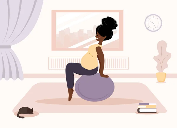 Yoga durante la gravidanza. Donna africana che fa esercizi di fitness con fitball. Concetto di assistenza sanitaria e sport. Bellezza personaggio femminile all'interno di casa. Illustrazione vettoriale in stile piatto . — Vettoriale Stock