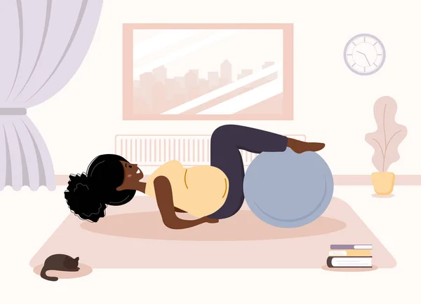 Yoga during pregnancy. African woman doing fitness exercises with fitball. Health care and sport concept. Beauty female character at home interior. Vector illustration in flat style. — Stock Vector