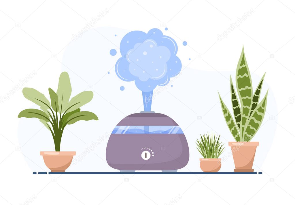 Humidifier with house plants. Equipment for home or office. Ultrasonic air purifier in the interior. Cleaning and humidifying device. Modern vector illustration in flat cartoon style.