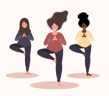 Yoga pozisyonunda hamile kadınlar. Beyaz arka planda izole edilmiş düz stil modern vektör illüstrasyonu. Koleksiyon sağlıklı yaşam tarzı ve rahatlama. Mutlu hamilelik kavramı.