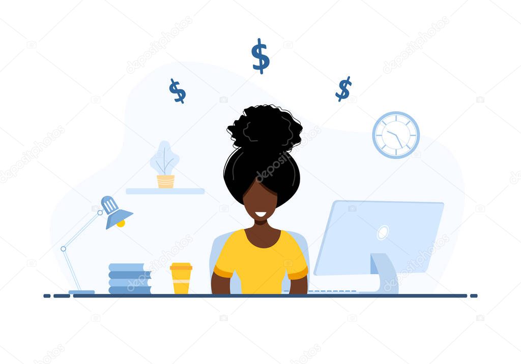 Women freelance. African girl in headphones with laptop sitting at a table. Concept illustration for working from home, studying, education, communication, healthy lifestyle. Vector in flat style.