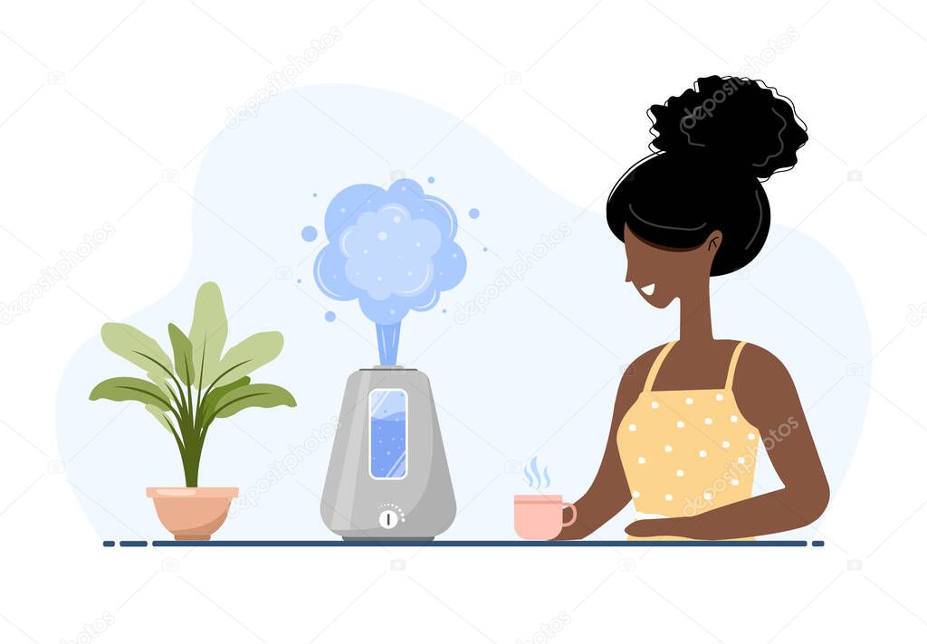 Ultrasonic air humidifier with house plants. African American woman enjoys the fresh moist air at home. Home appliances for a healthy lifestyle. Modern vector illustration in flat cartoon style.