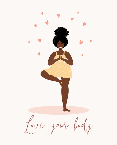 Älska dig själv. Jag älskar ditt kroppskoncept. Ta dig tid för dig själv. Lugn afrikansk kvinna i klänning med hjärtan på vit bakgrund. Pastell söta mjuka färger. Vektorillustration. Platt stil. — Stock vektor
