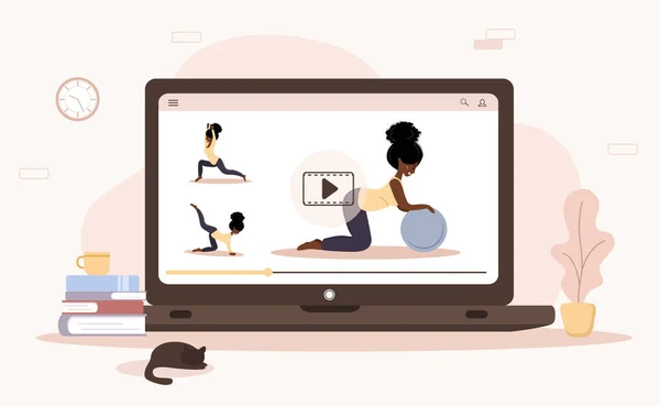 Online yoga and sport at home concept. Doing excercises with a mobile app. Stay healthy and fit during epidemic and quarantine. Vector illustration of african woman teaching yoga via internet. — Stock Vector
