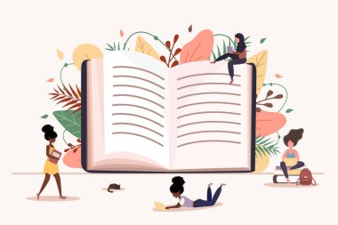 Ellerinde kitap okuyan kızlar. Zeki öğrenciler. Sınav. Düz biçimli modern vektör illüstrasyonu.