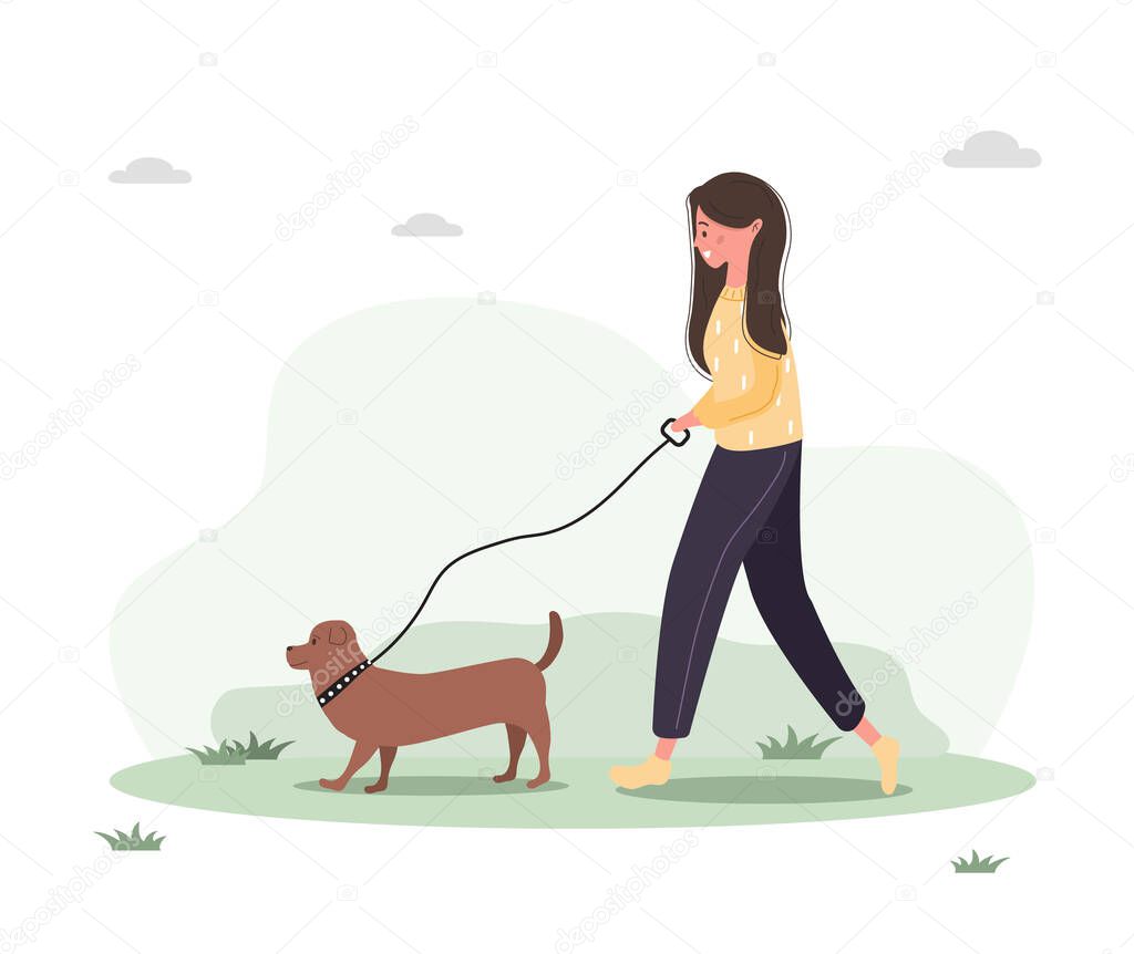 Young woman walks with dog through the woods. Concept happy girl in yellow dress with dachshund or poodle. Vector illustration in flat style.