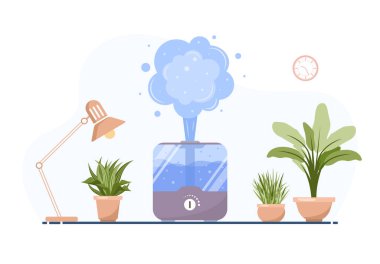 Ev bitkileriyle nemlendirici. Ev ya da ofis ekipmanları. İç kısımda ultrasonik hava temizleyici var. Temizleme ve nemlendirme cihazı. Düz çizgi film tarzında modern vektör illüstrasyonu.