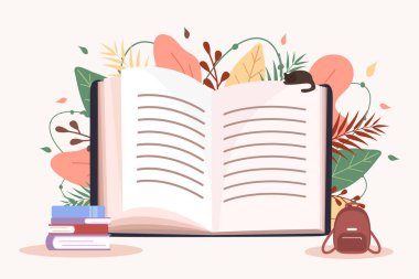 Açık kitap. Eğitim ve okuma konsepti. Kitap festivali. Okula dönelim. Düz biçimli modern vektör illüstrasyonu.