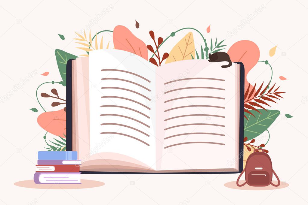 Open book. Education and reading concept. Book festival. Back to school. Modern vector illustration in flat style.
