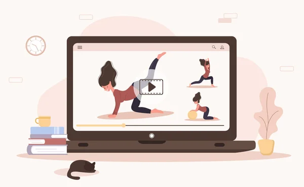 Yoga online y deporte en casa. Hacer ejercicios con una aplicación móvil. Manténgase sano y en forma durante la epidemia y cuarentena del coronavirus. Ilustración vectorial de una mujer que enseña yoga vía internet . — Archivo Imágenes Vectoriales