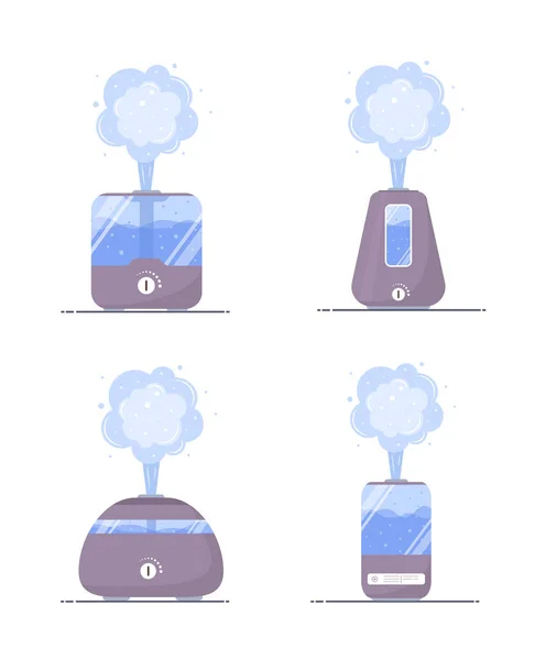 Luftfuktare luftikon. Uppsättning ultraljudsrenare mikroklimat för hemmet. Hälsosam fuktighet. Modern vektor illustration i platt tecknad stil. — Stock vektor