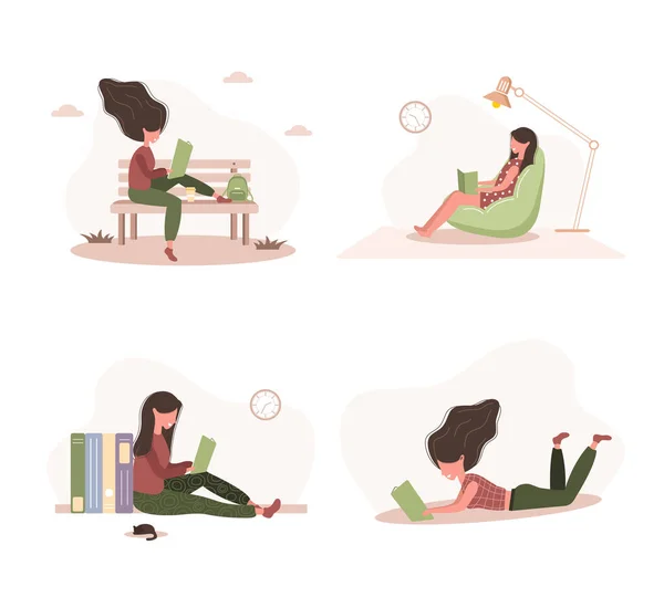 Εραστές βιβλίων. Διαβάζοντας γυναίκες κρατώντας βιβλία. Προετοιμασία για εξέταση ή πιστοποίηση. Θεωρία βιβλιοθήκης γνώσης και εκπαίδευσης, αναγνώστες λογοτεχνίας. Σύνολο μοντέρνας διανυσματικής απεικόνισης σε επίπεδο στυλ. — Διανυσματικό Αρχείο
