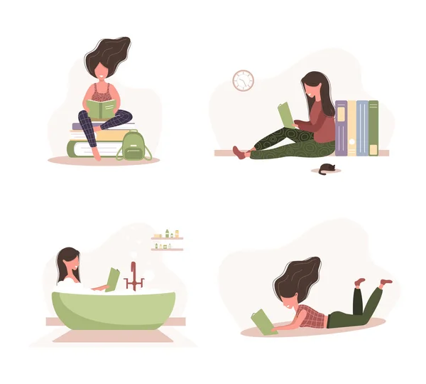 Amantes de livros. A ler livros de mulheres. Preparação para exame ou certificação. Conhecimento e educação conceito de biblioteca, leitores de literatura. Conjunto de ilustração vetorial moderna em estilo plano . —  Vetores de Stock