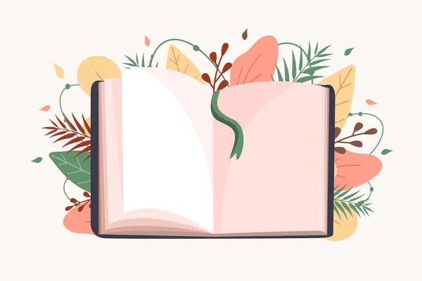 Açık kitap. Eğitim ve okuma konsepti. Kitap festivali. Okula dönelim. Düz biçimli modern vektör illüstrasyonu.