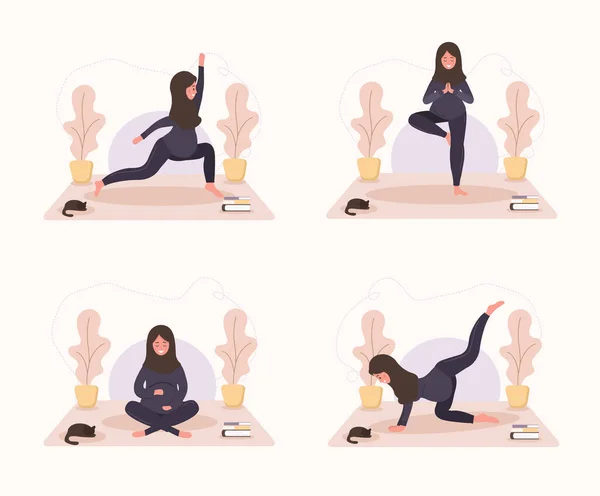 Collezione araba donne incinte che fanno yoga, avendo stile di vita sano e relax. Esercizi a pacchetto per ragazze. Illustrazione vettoriale moderna in stile piatto. Felice concetto di gravidanza su sfondo bianco. — Vettoriale Stock