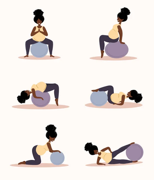 Yoga durante el embarazo. Colección de ejercicios de fitness con fitball. Mujer africana haciendo deporte. Concepto de salud y deporte. Carácter femenino de belleza. Ilustración vectorial en estilo plano . — Vector de stock