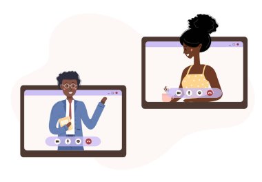 Video konferansı, uzak proje yönetimi, arkadaş konseptiyle sohbet. Genç Afrikalı insanlar sanal kullanıcı arayüzü penceresinden video görüşmesi yapıyorlar. Evden çalışıyorum. Düz biçimli vektör.