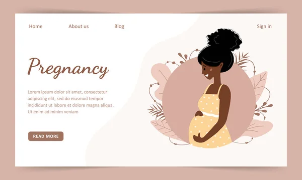 Femme enceinte africaine tient son estomac et sourit. Modèle de page Landind. Illustration vectorielle style plat moderne isolée sur fond doux. — Image vectorielle