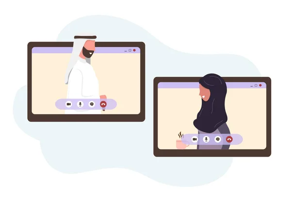 Видеоконференция, удаленное управление проектами, чат с друзьями. Молодые арабы делают видеозвонок через окно виртуального пользовательского интерфейса. Работаю из дома. Вектор в плоском стиле . — стоковый вектор