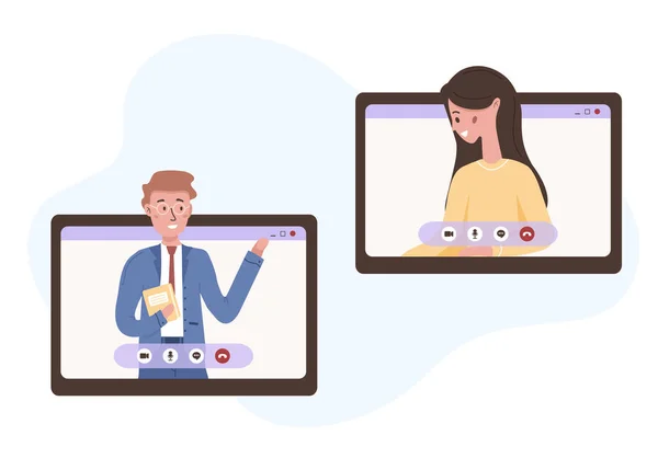 Videoconferência, gerenciamento remoto de projetos, bate-papo com o conceito de amigos. Jovens fazendo chamada de vídeo através da janela de interface de usuário virtual. A trabalhar em casa. Ilustração vetorial em estilo plano . — Vetor de Stock