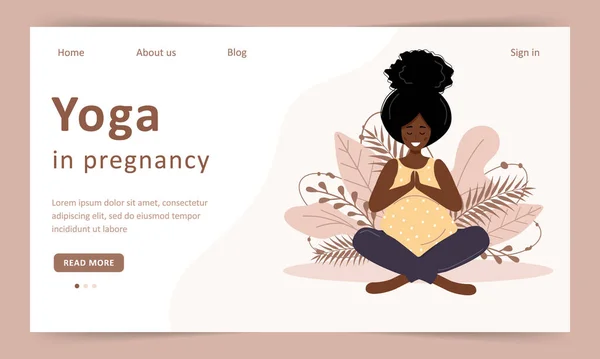 Yoga in gravidanza. Giovane bella donna africana incinta seduta in loto. Modello di pagina di destinazione. Illustrazione vettoriale. — Vettoriale Stock