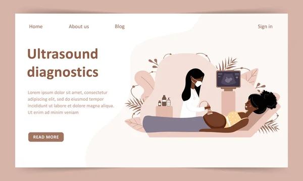 Ultrasonido embarazo cribado concepto landing page. Una doctora escaneando madre. Chica africana con vientre mirando en monitor sonriendo. Embrión bebé salud diagnóstico ilustración . — Vector de stock