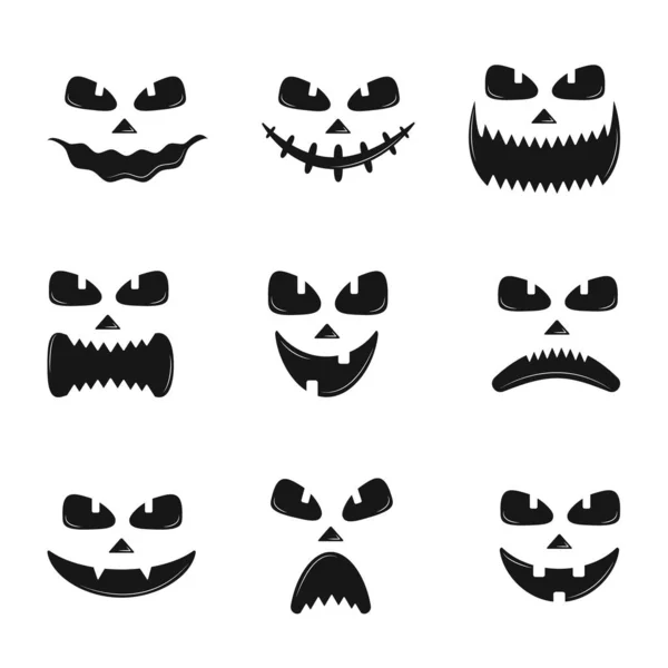 Ensemble d'icônes de silhouette de visages de citrouille pour Halloween isolé sur fond blanc. effrayant citrouille diable sourire, effrayant Jack o lanter. Illustration vectorielle en style plat. — Image vectorielle