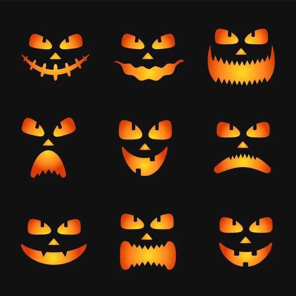 Ensemble d'icônes de silhouette de visages de citrouille pour Halloween isolé sur fond noir. effrayant citrouille diable sourire, effrayant Jack o lanter. Illustration vectorielle en style plat. — Image vectorielle