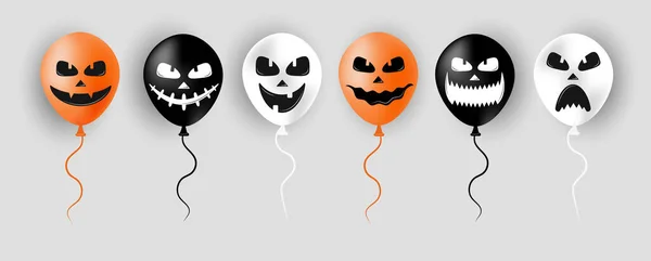 Des ballons d'Halloween. Des ballons effrayants orange, noir et blanc. Visage effrayant sur ballon à vendre bannières ou affiche. Vacances personnage de dessin animé. Illustration vectorielle en style plat. — Image vectorielle