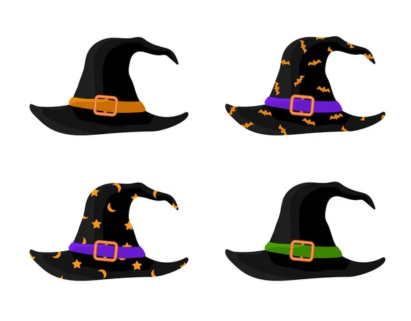 Chapeaux de sorcières et sorciers colorés avec ceinture. Costume d'Halloween. Jeu d'illustration vectorielle en style plat. — Image vectorielle