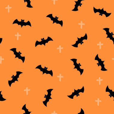 Turuncu arka planda cadılar bayramı sopası olan kusursuz bir desen. Paket kağıdı, davetiyeler, web tasarımı için. Düz biçimli vektör illüstrasyonu.