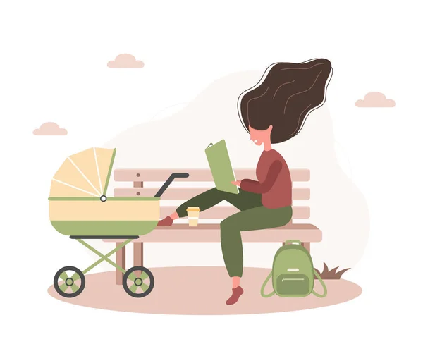 Jovem caminhando com seu filho recém-nascido em um carrinho amarelo. Menina sentada com um carrinho e um bebê no parque ao ar livre. Ilustrações vetoriais em estilo plano . —  Vetores de Stock