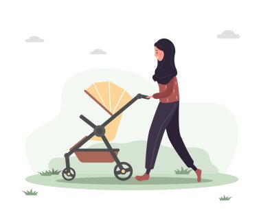 Genç Arap kadın yeni doğmuş çocuğuyla bebek arabasıyla yürüyor. Bebek arabasıyla gezen bir kız ve açık havada doğada bir bebek. Düz biçimdeki vektör illüstrasyonları.