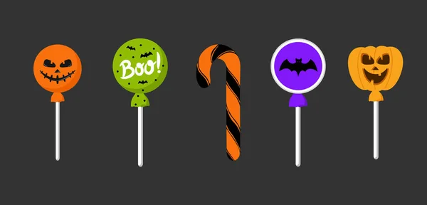 Bonbons d'Halloween. Bonbons sucrés, sucette de chauve-souris effrayant et bonbons enfants réglisse caramel, gelée, tour d'octobre ou traiter divertissement. Illustration vectorielle en style plat. — Image vectorielle