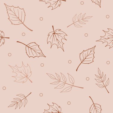 Soyut sonbahar elementlerinin kusursuz deseni, geometrik şekiller, bitkiler ve yapraklar tek çizgi şeklinde. Mobil uygulama sayfası, ağ, ambalaj kağıdı, tekstil şablonu için. Vektör minimalist illüstrasyon.