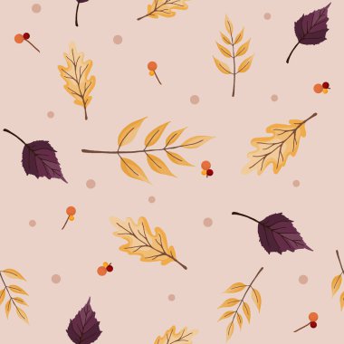 Sarı turuncu sonbahar yapraklarının kusursuz deseni yumuşak bej arka planda. Ambalaj kağıdı, tekstil şablonu. Düz biçimli vektör illüstrasyonu.